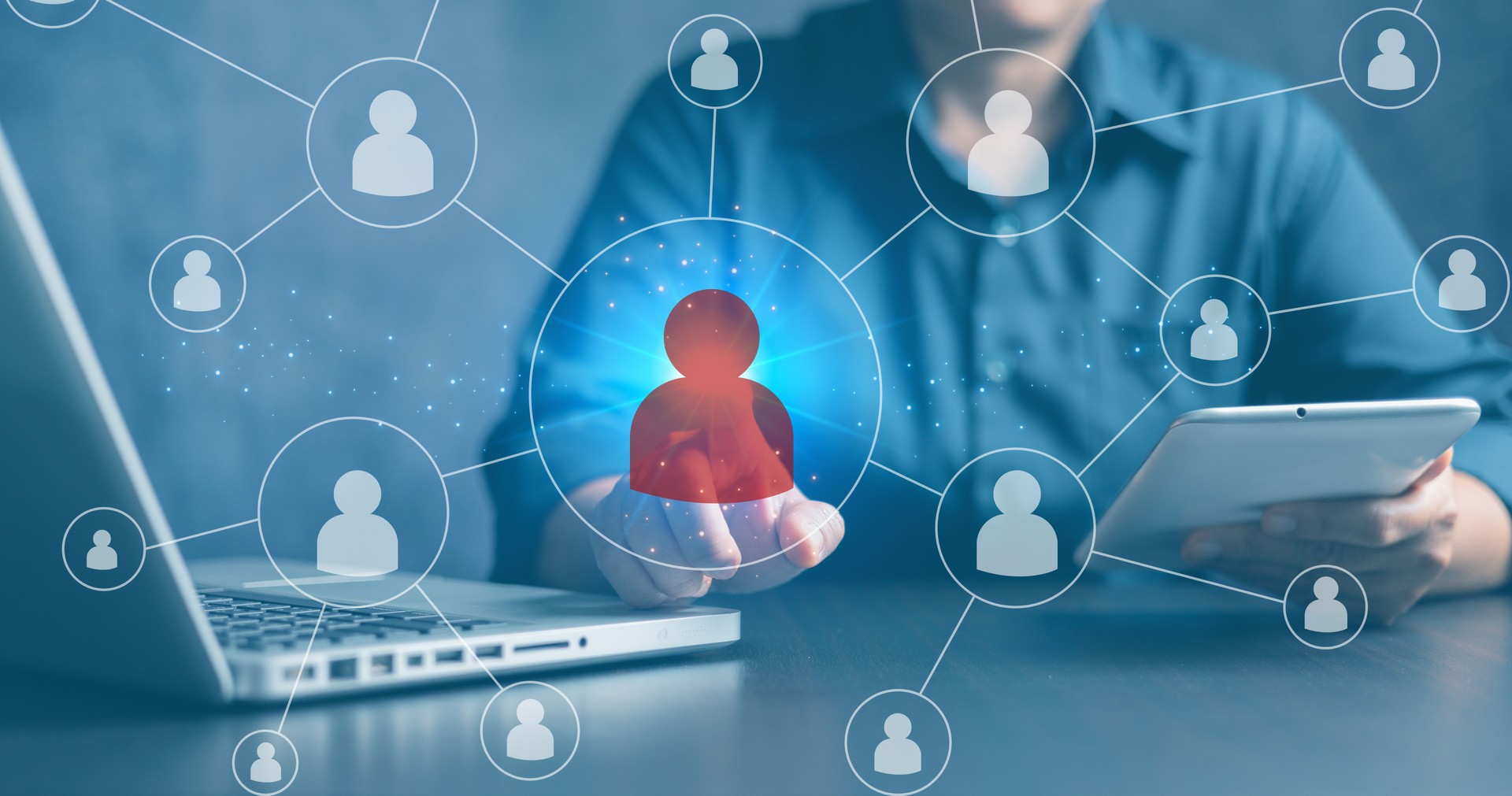 Businesswoman using finger to touch searching for good and quality employees. officer looking for employee represented by icon. Recruitment, CRM, human resource, HR, concept of searching employee.